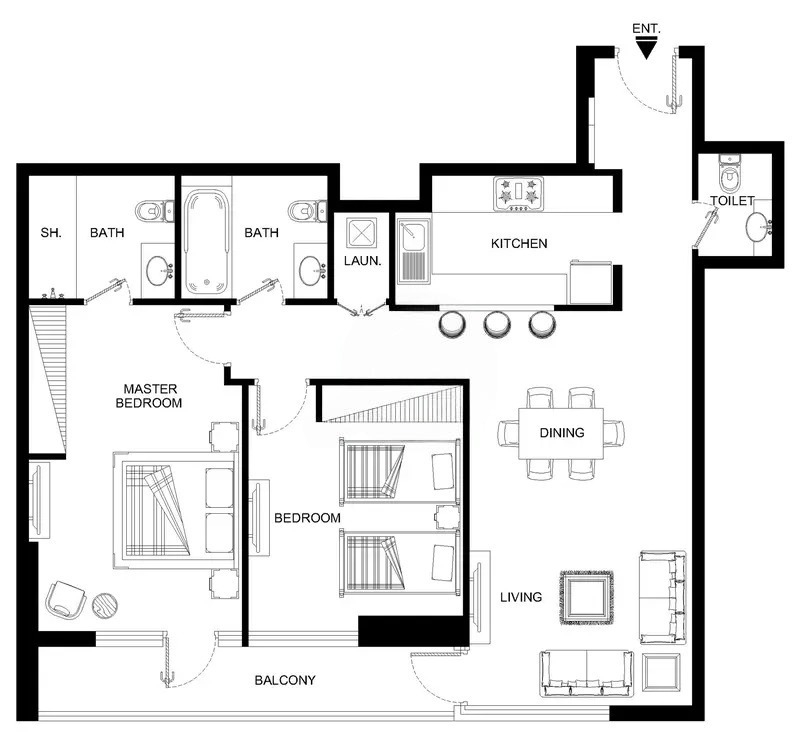 Canal Bay 2-BR apartment floorplan Distress Deal showing detailed layout with bedrooms, living area, kitchen, balcony, and canal-facing orientation