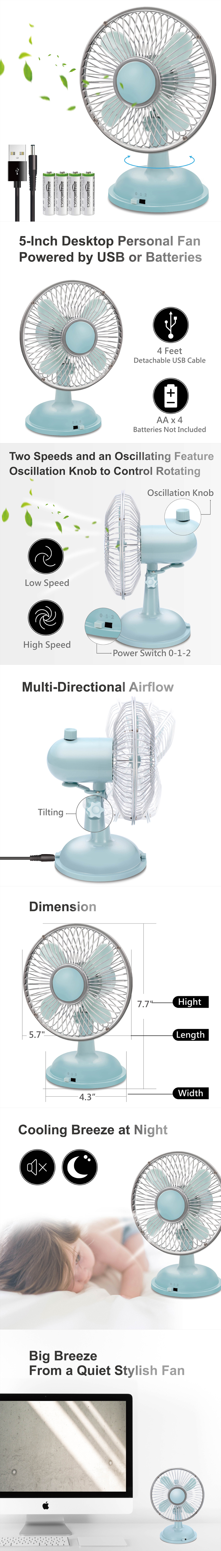 E-books K18 5-Inch Extra Quiet USB//Battery Personal Desktop Fan 2 Speed Blue