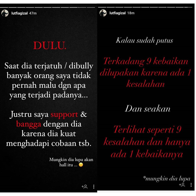Tangkpan layar Instagram Story Lutfi Agizal