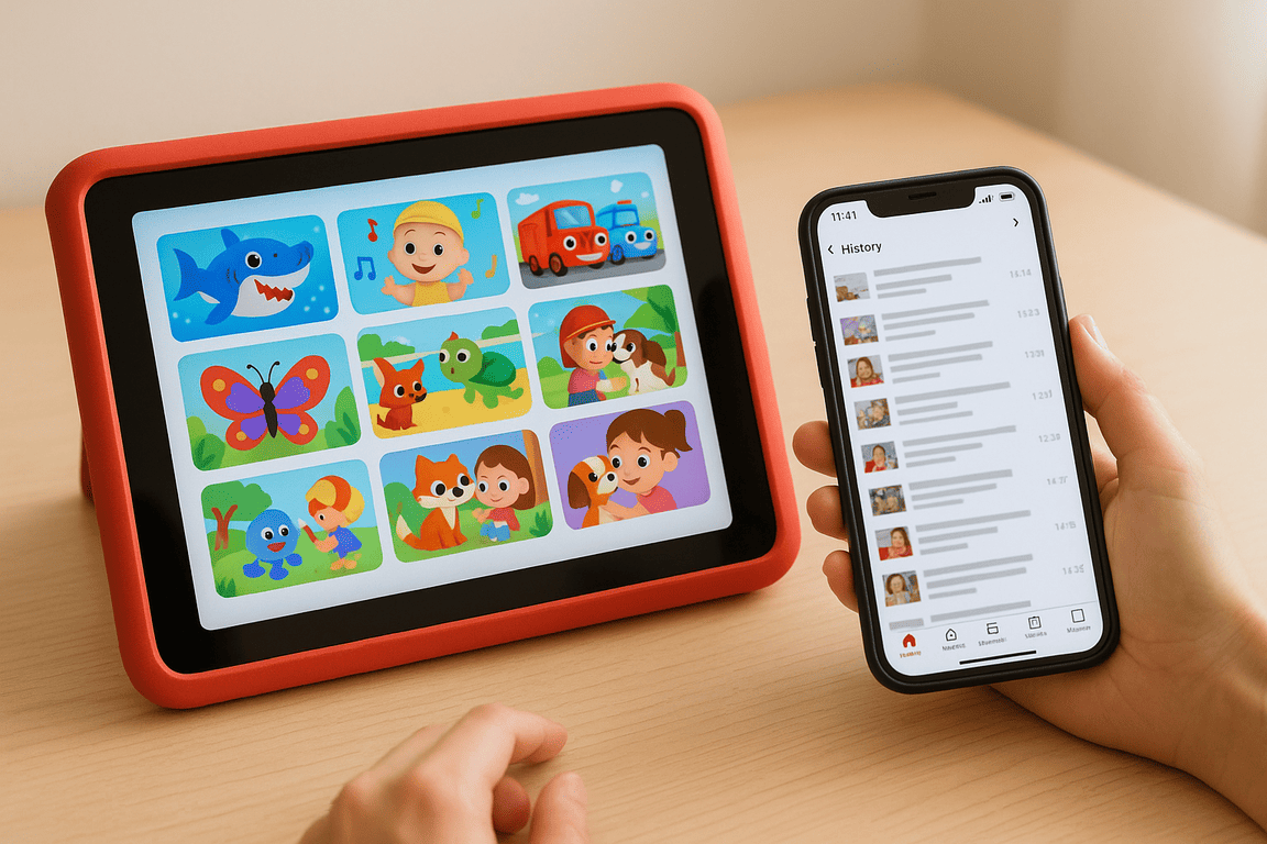Мамин телефон с историей YouTube рядом с планшетом ребенка