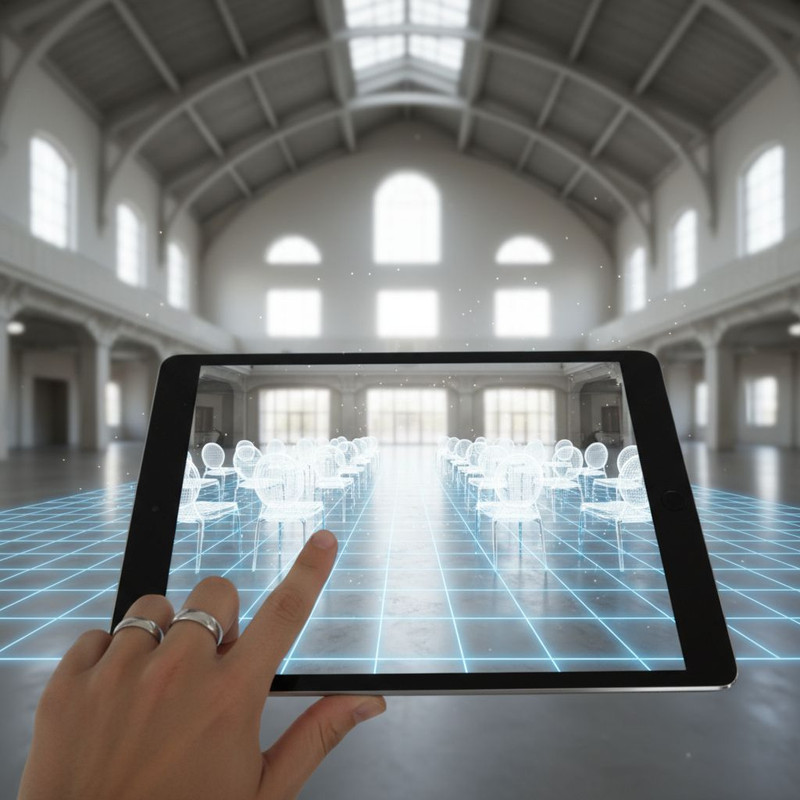 Использование технологий дополненной реальности (AR) для виртуальной расстановки стульев в пространстве мероприятия через мобильное приложение.