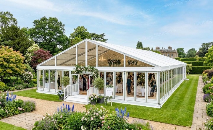Beautiful wedding marquee set up on a green lawn for an outdoor ceremony