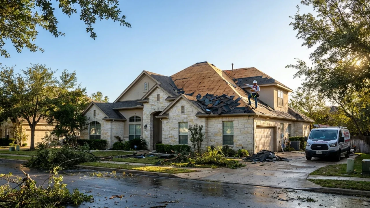 Roofing contractor assessing damaged roof decking on San Antonio home after storm