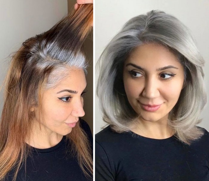 Gray hair dyed blonde with auburn highlights