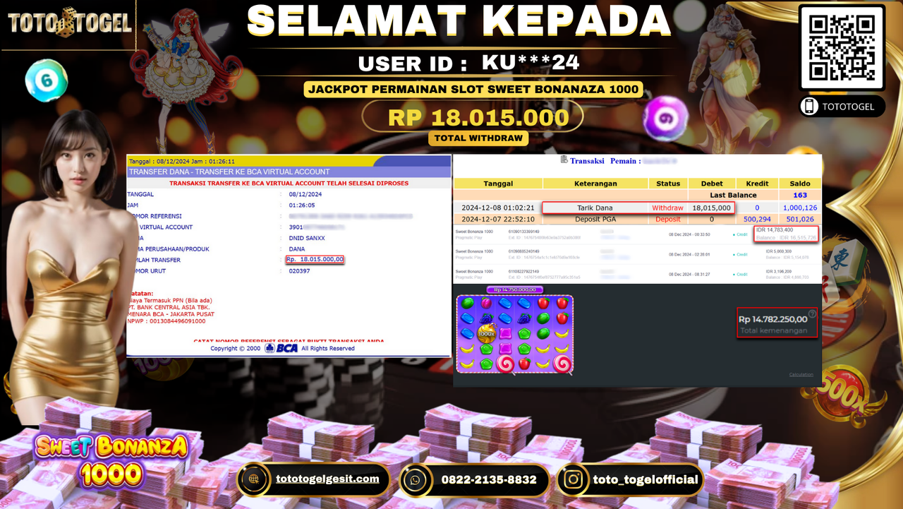 Bukti Pembayaran Jackpot Permainan Slot Sweet Bonanza 1000 ID: KU***24 LUNAS
