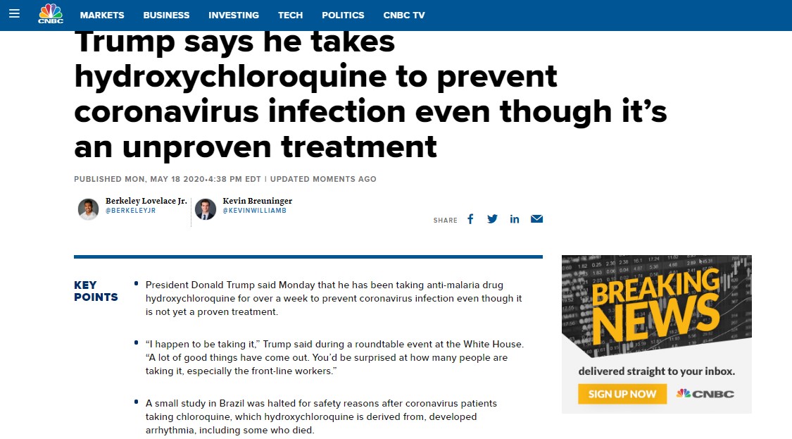 BREAKING NEWS: Trump is taking Hydroxychloroquine! Trump