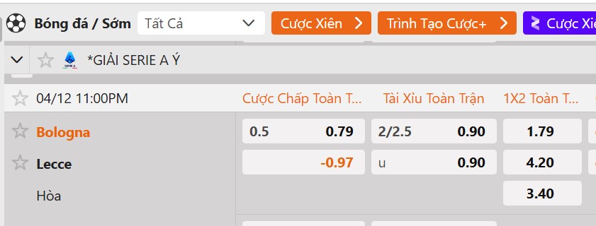 Tỷ lệ kèo Bologna vs Lecce