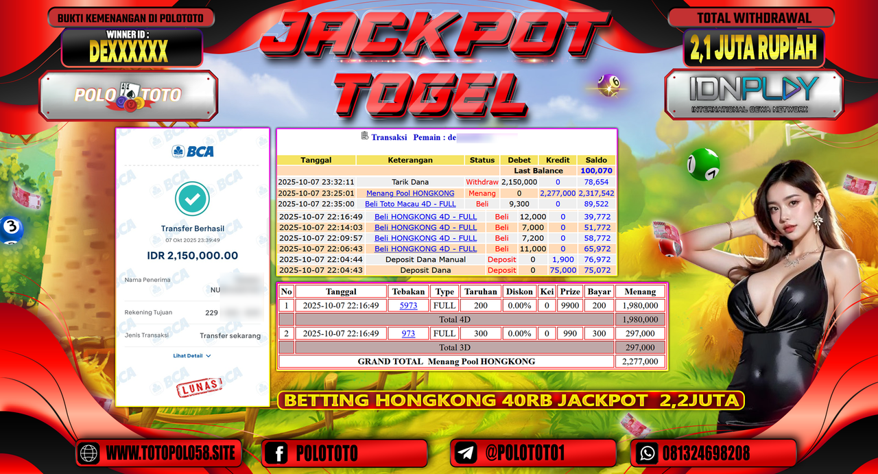 POLOTOTO JACKPOT TOGEL HONGKONG LOTTO Rp.2.100.000,- LUNAS