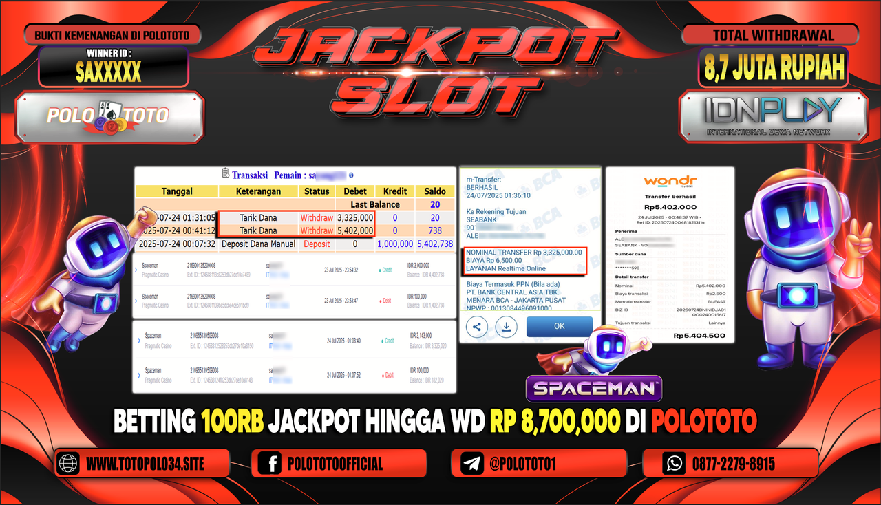 POLOTOTO JACKPOT SLOT SPACEMAN Rp.8.327.000,-