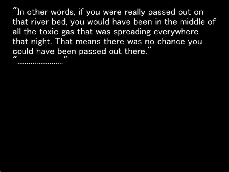 a still image from the original higurashi visual novel. The screen is black. A journalist is interviewing keiichi some time after the incident. He says “ 