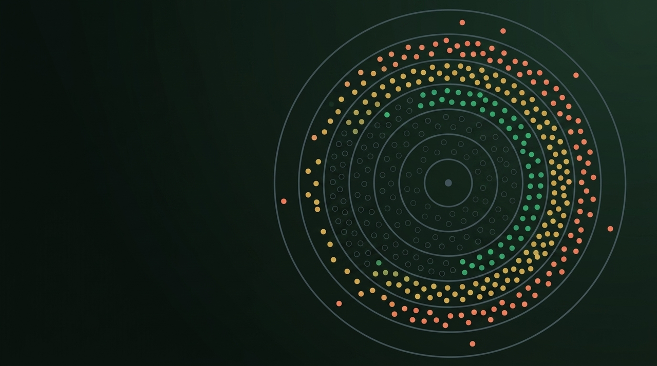 Concentric rings around a central point, with hollow consumed dots near the centre and bright filled dots further out