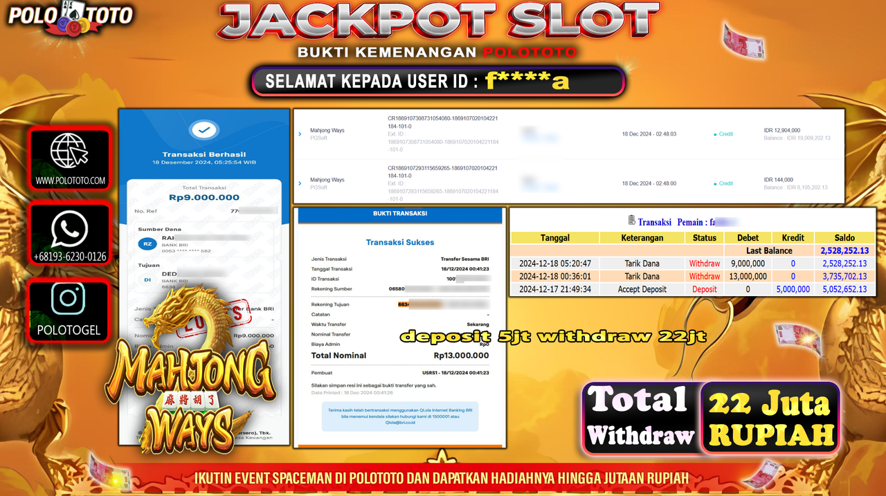 POLOTOTO JACKPOT SLOT MAHJONG WAYS Rp.22,000.000,-