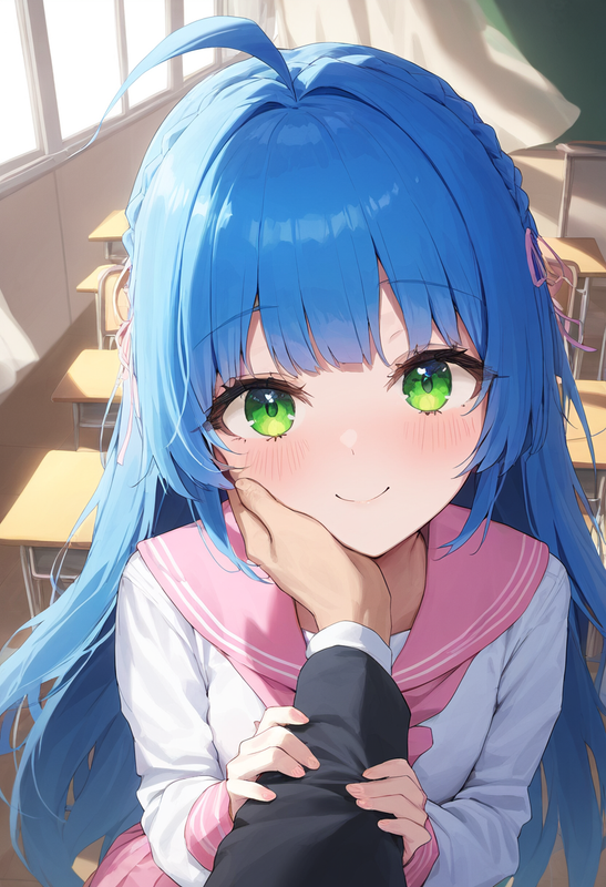 1girl, pov, close-up, younger, healthyman, bishoujo, blue hair, very long hair,  s-2820971142