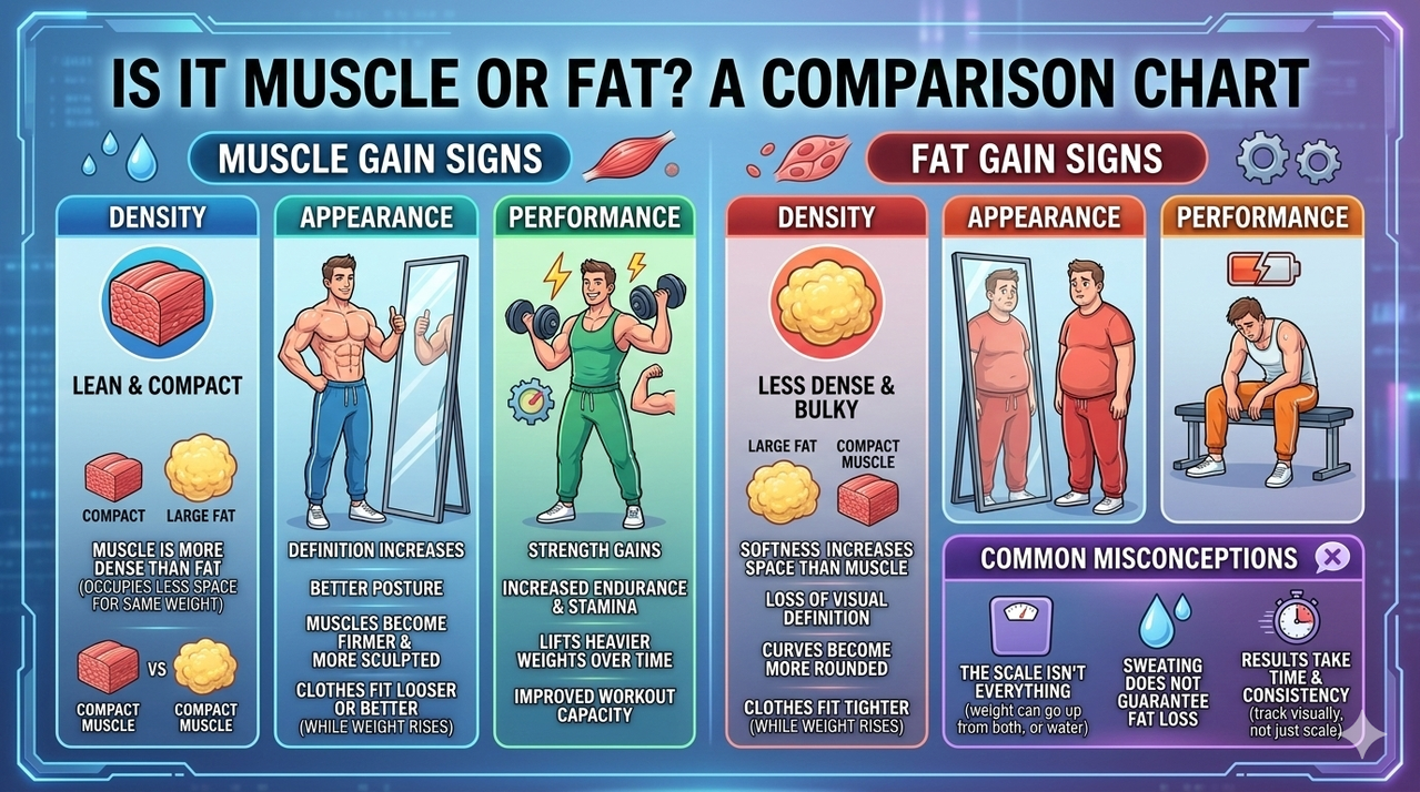 Comparison chart showing muscle gain vs fat gain characteristics including density, appearance, and performance impact for signs you are actually gaining muscle, not just fat