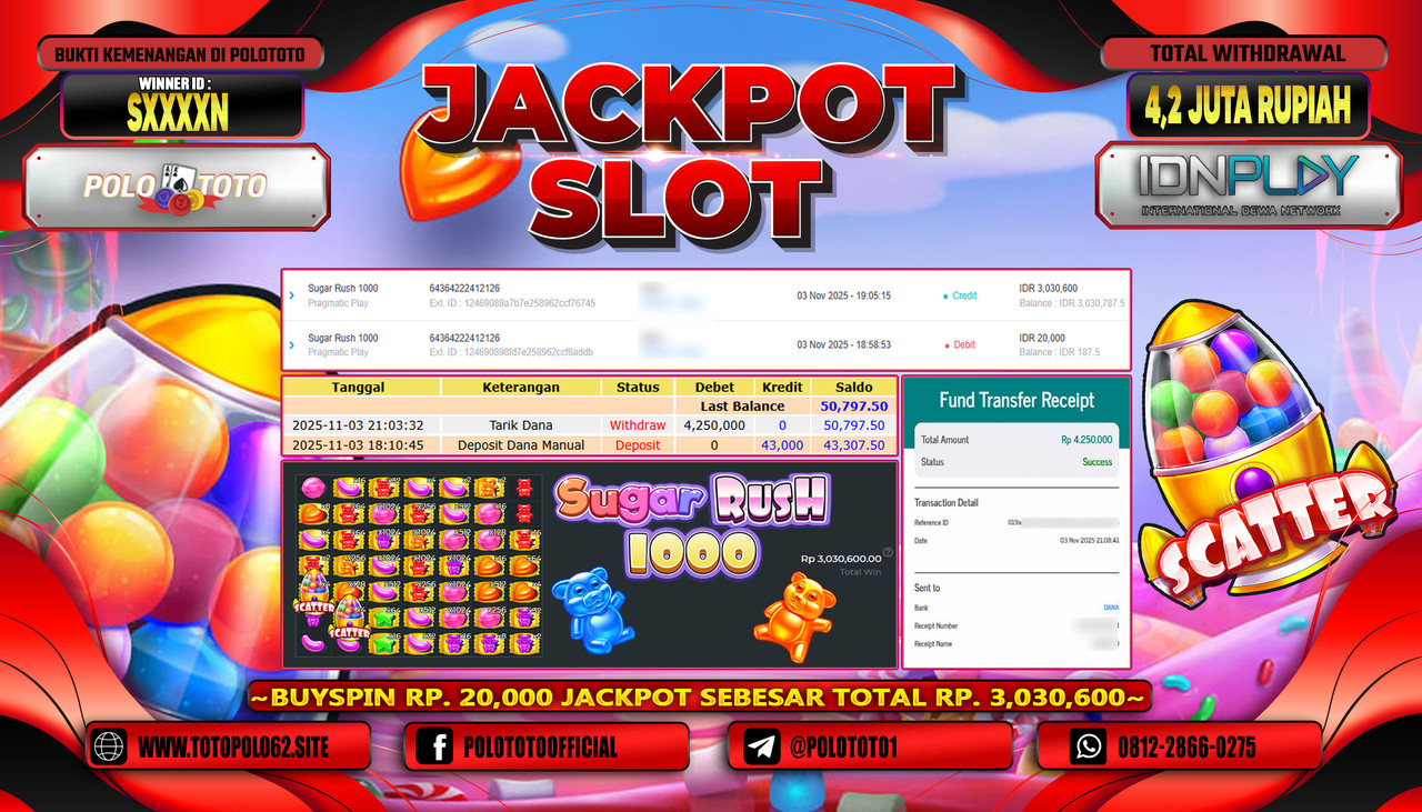 POLOTOTO JACKPOT SLOT SUGAR RUSH 1000 Rp.4.200.000,- LUNAS