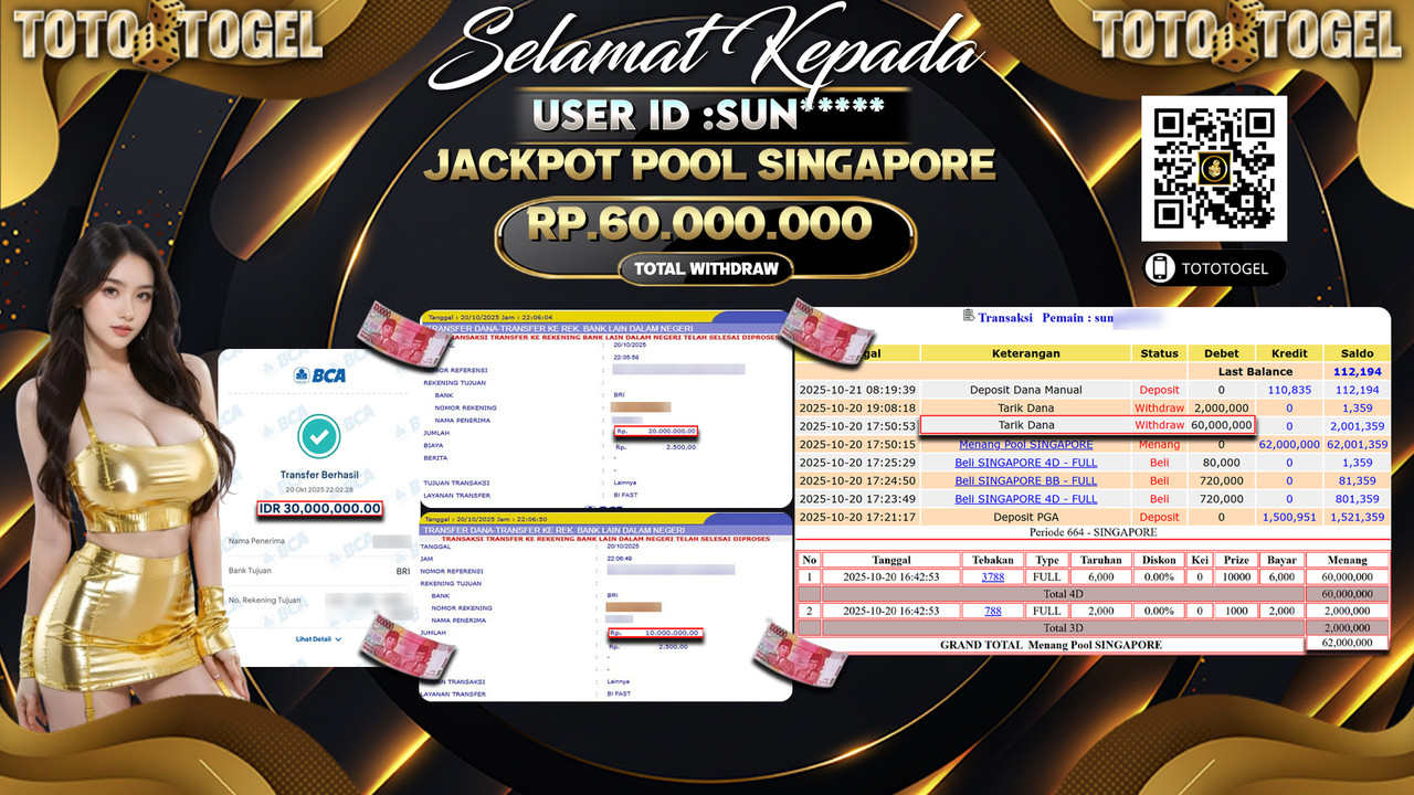 Bukti Pembayaran Jackpot Permainan Togel Pools Singapore ID:SUN**** LUNAS