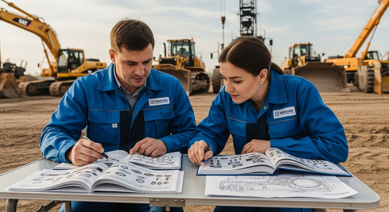 Инженеры подбирают запчасти для спецтехники по каталогам