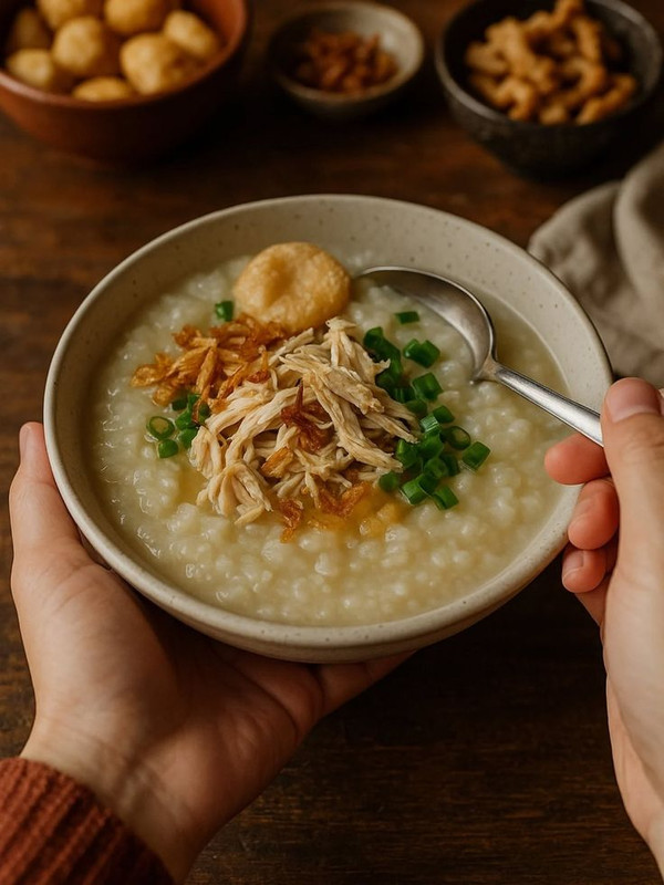 Bubur Ayam (Chicken Rice Porridge) Start your morning the Indonesian way with Bubur Ayam a