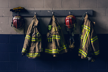 fire fighter suit hanging on wall