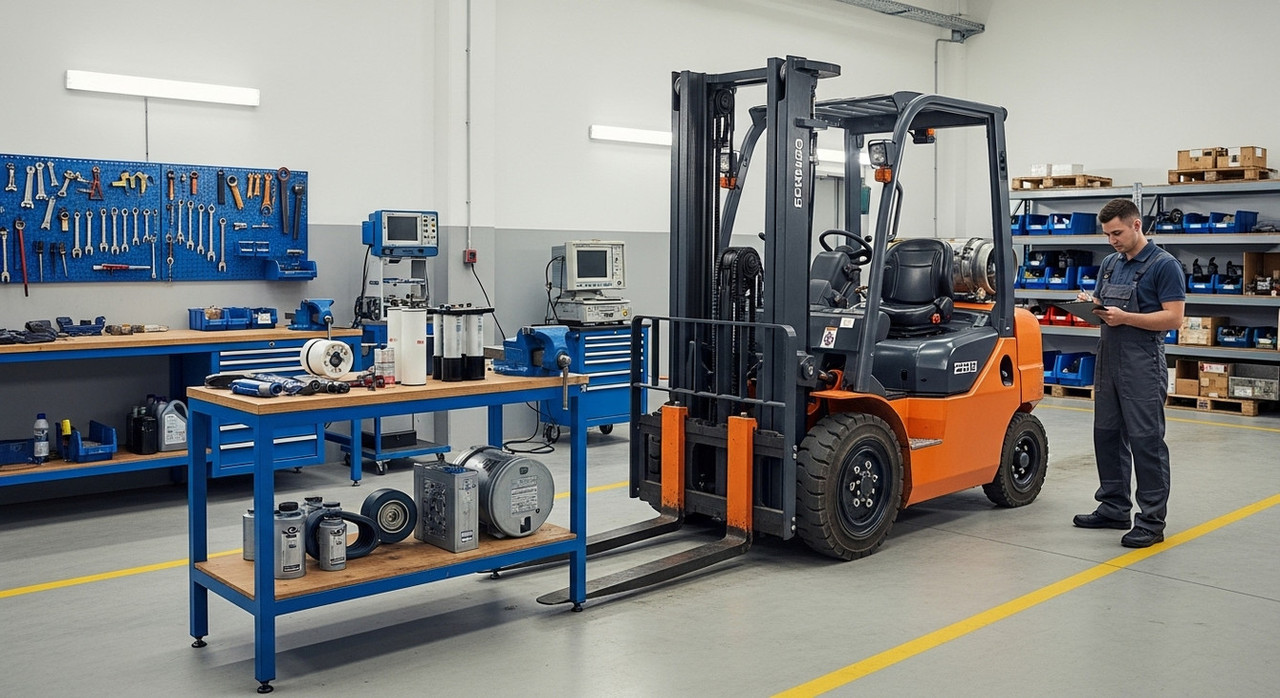 Нулевое техническое обслуживание погрузчика в сервисной зоне с заменой фильтров и масел
