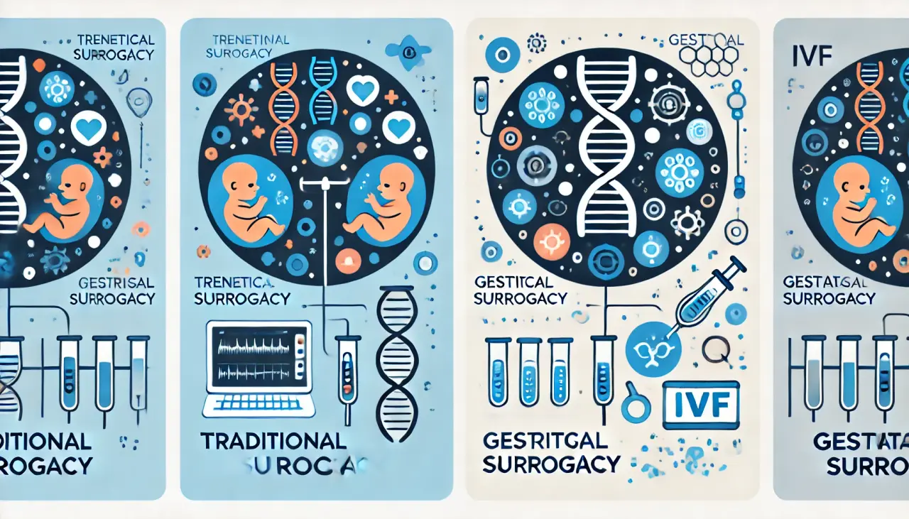 Illustration comparing traditional surrogacy (using the surrogate's own egg) and gestational surrogacy (using IVF and embryos from the intended parents).