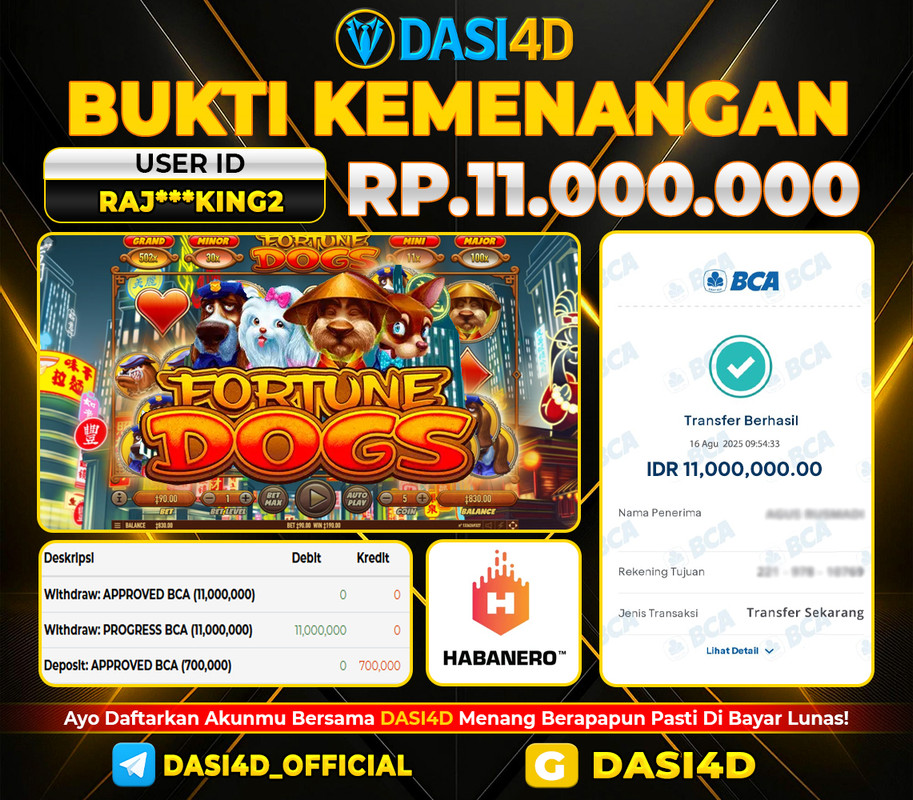 BUKTI KEMENANGAN 16 AGUSTUS 2025 DI FORTUNE DOGS WD 11.000.000