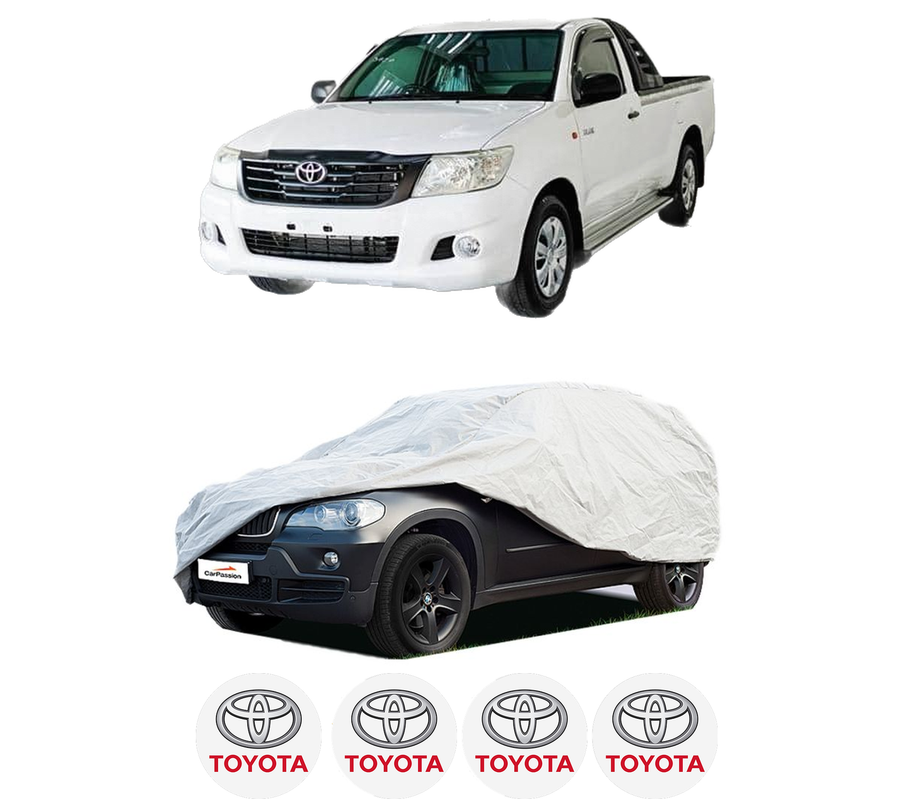 Husa tip prelata auto pentru TOYOTA HILUX VIII Platform/Chassis (_N1_) din 2015, Culoare Gri, material textil impermeabil, rezistanta la intemperii praf UV, CARPASSION Husa Protectie, 4 Stickere auto cu TOYOTA