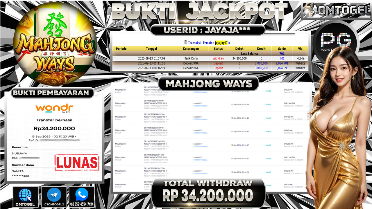 OMTOGEL JACKPOT PGSOFT MAHJONG WAYS 34 JUTA DI BAYAR LUNAS ,-