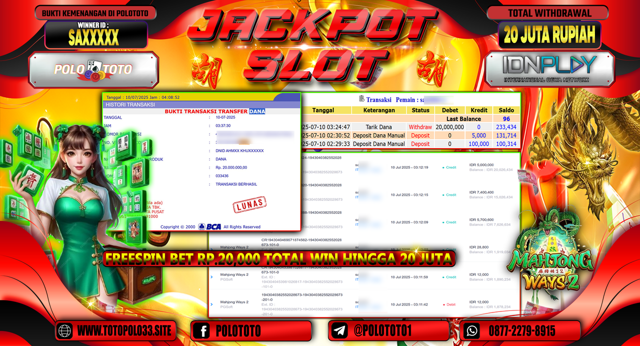 POLOTOTO JACKPOT SLOT MAHJONG WAYS 2 Rp.20.000.000,-