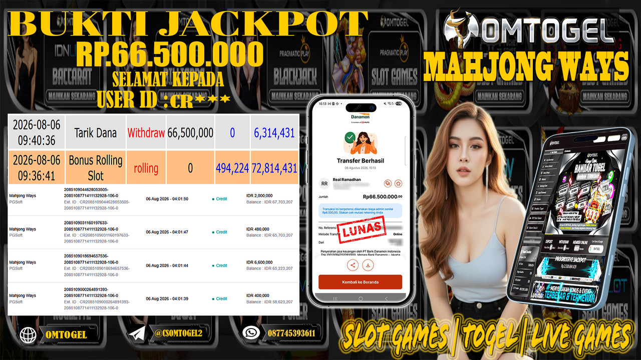 OMTOGEL JACKPOT PG SOFT MAHJONG WAYS Rp,66,500,000,- DIBAYAR LUNAS