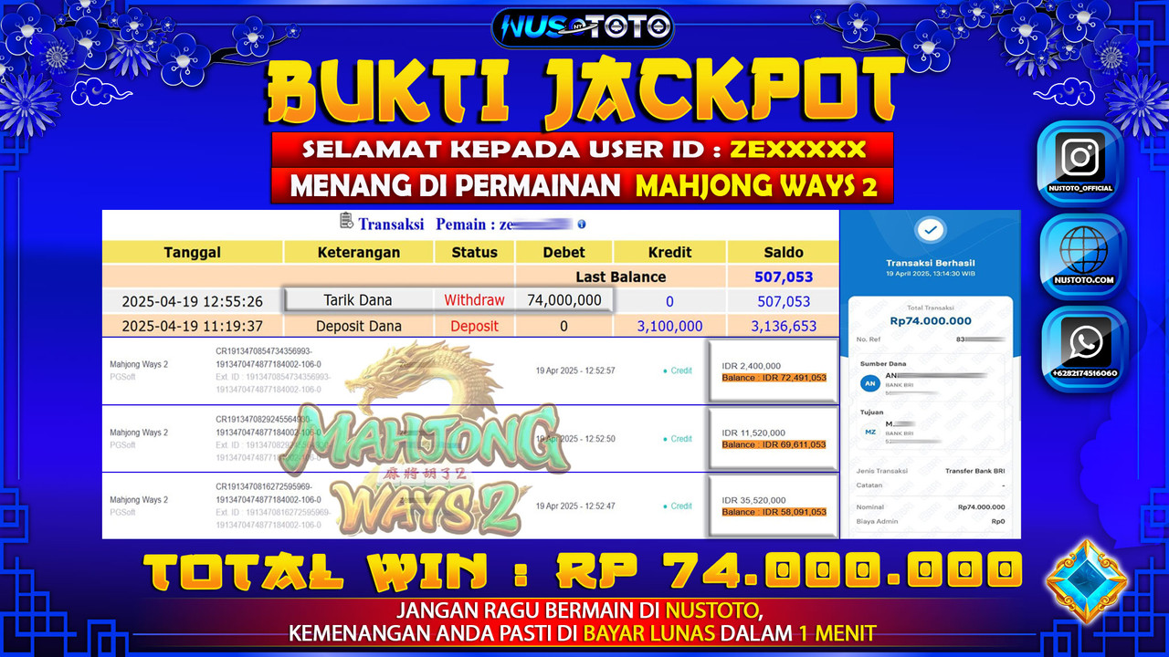 JACKPOT !! MENANG BESAR DI MAHJONG WAYS 2 Rp. 74.000.000 LANGSUNG DI BAYAR LUNAS NUSTOTO !!