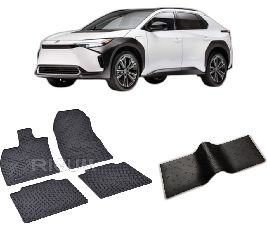 Set covorase auto TOYOTA BZ4X din 07.2022-PREZENT, cu covoras tunel median, CAROSERIE SUV, Presuri cauciuc 100%, compatibil cu autoturismul TOYOTA BZ4X, Rigum