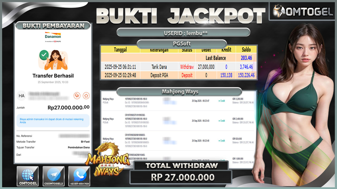 OMTOGEL JACKPOT PGSOFT MAHJONG WAYS 27 JUTA DI BAYAR LUNAS ,-