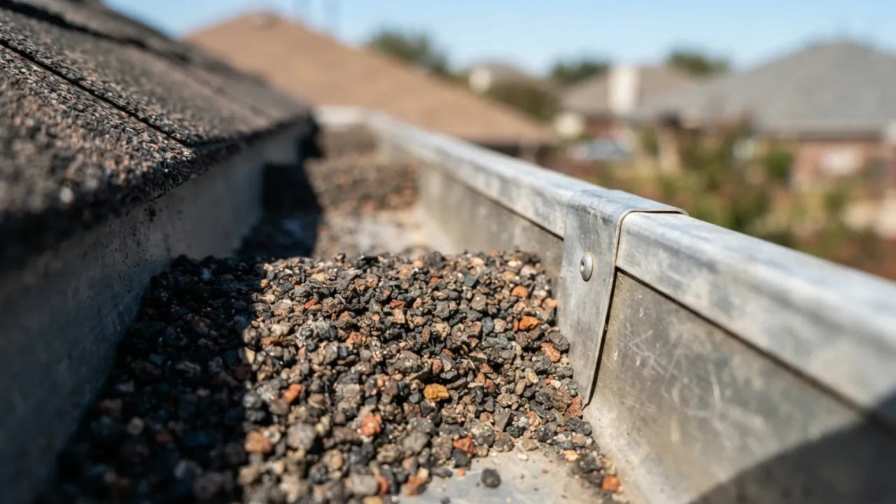 Asphalt shingle granules collected in a gutter on a San Antonio home indicating roof wear