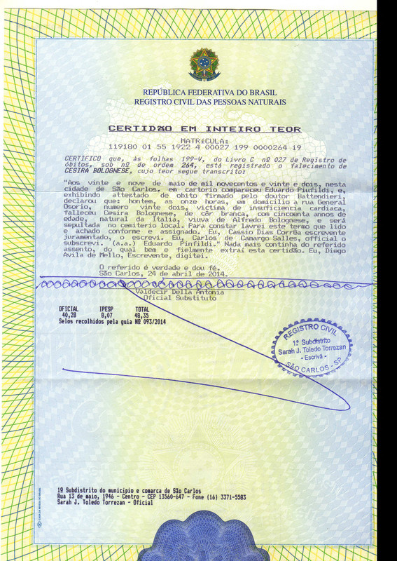 Antenato Italiano Avô José Bolognesi CObito Cesira CObito Cesira