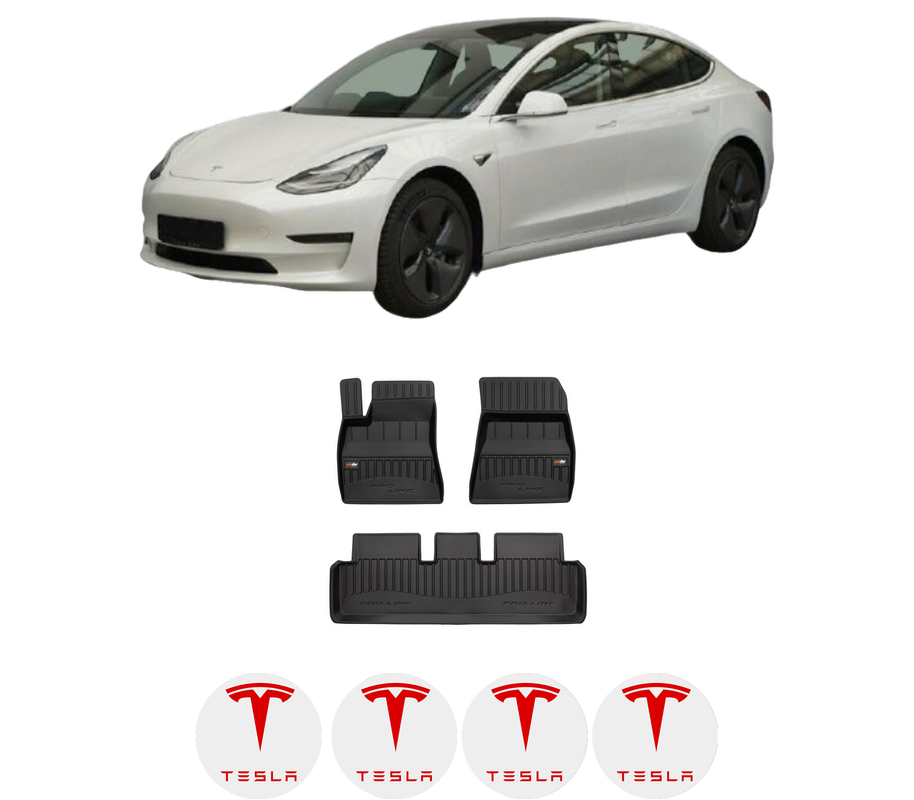 Set covorase presuri TESLA MODEL 3 din 2017-2023, auto, din cauciuc thermoplastic, 4 Stickere auto cu TESLA