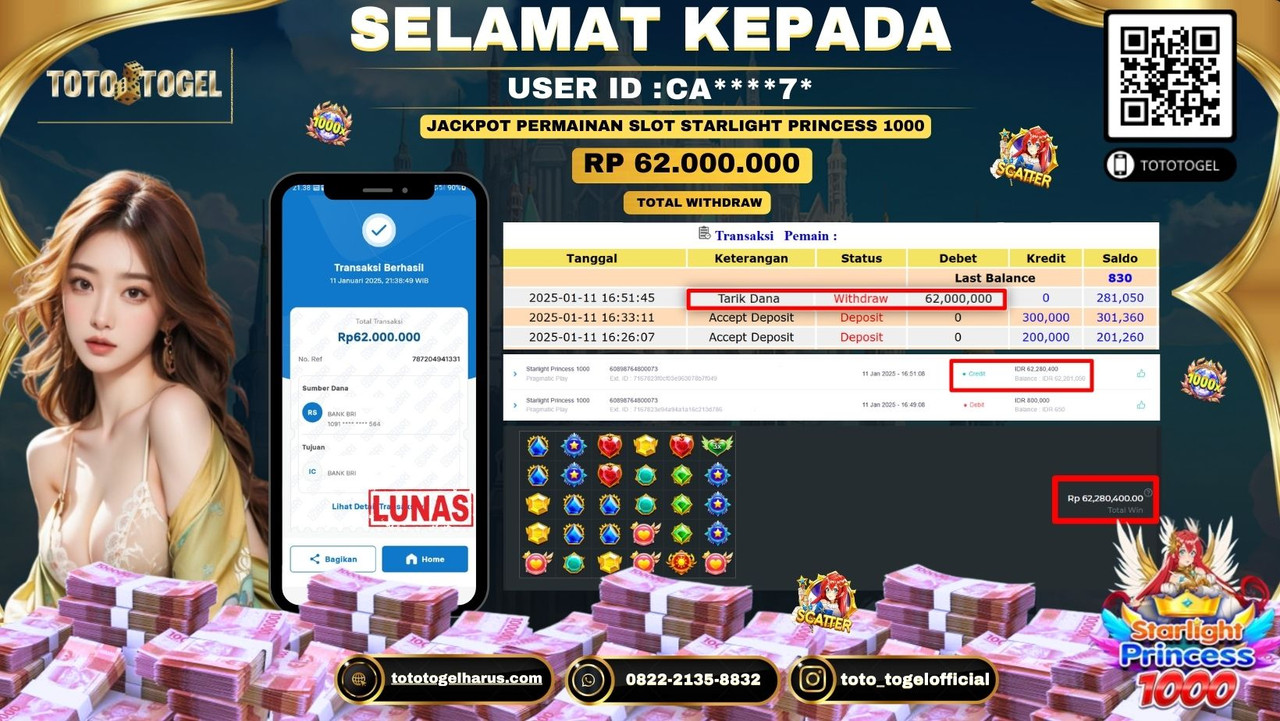 Bukti Pembayaran Jackpot  Permainan Slot Starlight princess 1000 :CA****7*  LUNAS