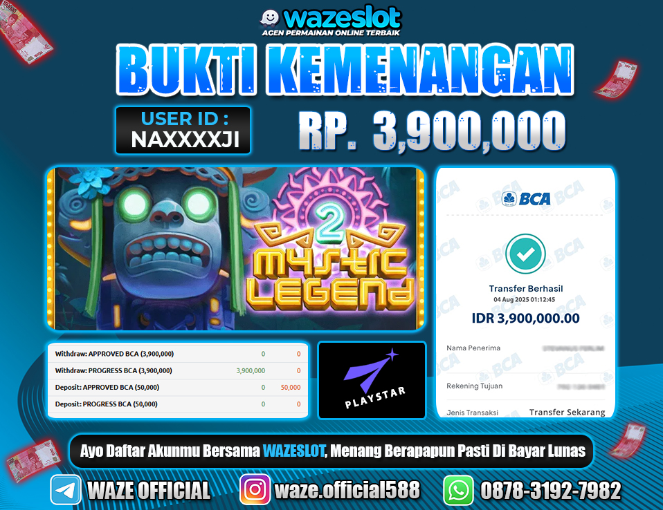BUKTI KEMENANGAN 4 AGUSTUS 2025 GAME MYSTIC LEGEND ( PLAYSTAR )