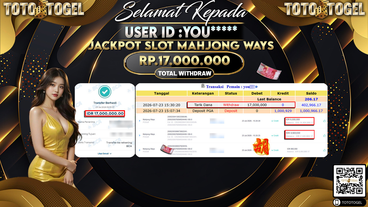 Bukti Pembayaran Jackpot SLOT MAHJONG WAYS  ID:YOU****LUNAS
