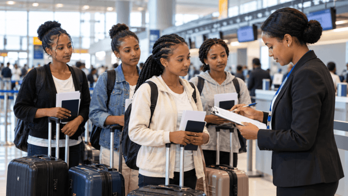 Ethiopian domestic worker candidates preparing for overseas travel as a recruitment coordinator checks their documents at the airport.