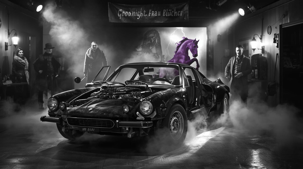 A surreal garage scene inspired by the film _Young Frankenstein._ In the foreground stands a bizarre