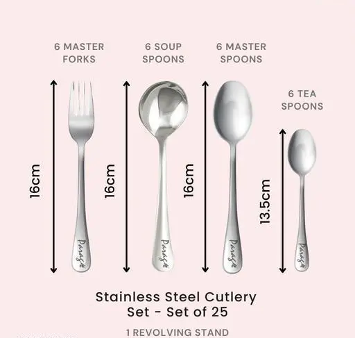 Cutlery Set, Set of 25 Pcs (6 Tea Spoons, 6 Baby Spoons, 6 Baby Forks, 6 Soup Spoons, 1 SS Stand with ABS Plastic Top) Color 1 (R508)