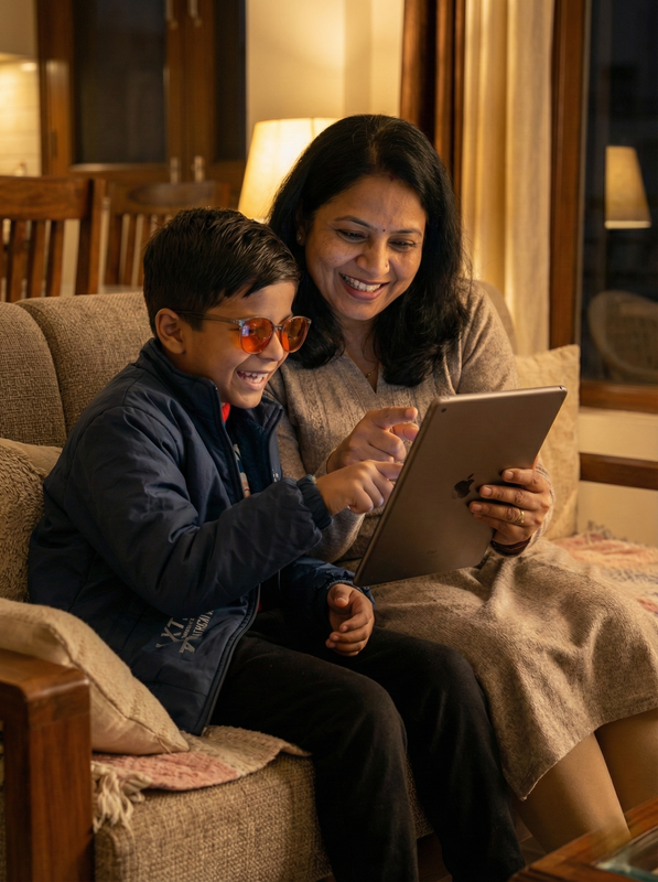 Mom reading to kid wearing NoctiX glasses