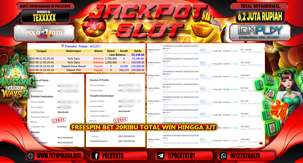 POLOTOTO JACKPOT SLOT MAHJONG WAYS 2 Rp.6.200.000,-