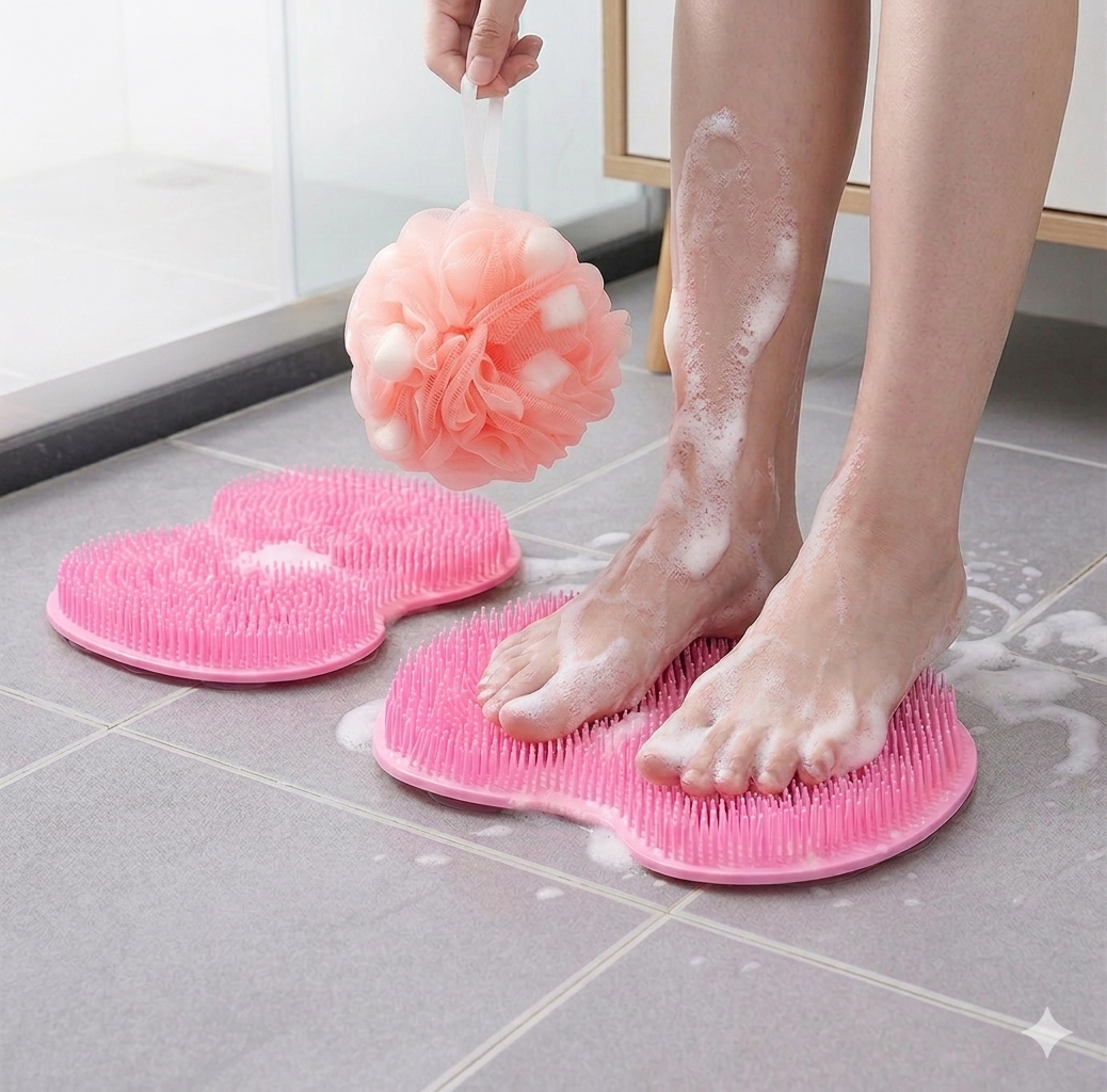 Pink 3-piece set (2-Pack Silicone Foot & Back Scrubber Mat with Suction Cups + 1 Premium Lace Bath Loofah Sponge Set) - Non-Slip Foot Massager & Exfoliating Shower Set