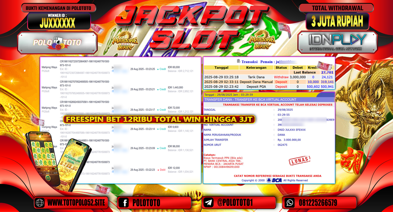 POLOTOTO JACKPOT SLOT MAHJONG WAYS Rp.3.000.000,-
