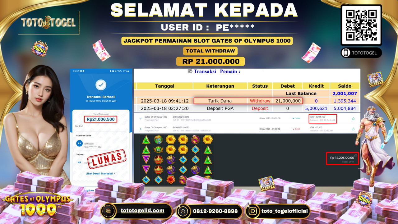 Bukti Pembayaran Jackpot  Permainan Slot Gates Of Olympus 1000 ID:PE***** LUNAS