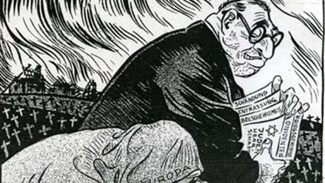 Exemple de propagande sous la Première République. Les affiches, principalement anti-anglikaners, tendaient généralement à mélanger des clichés et stéréotypes sur l'avarice et la fourberie des Anglikaners tout en les associant aux mêmes stéréotypes antisémites, le tout englobé dans une accusation de propagation du judéo-bolchévisme.