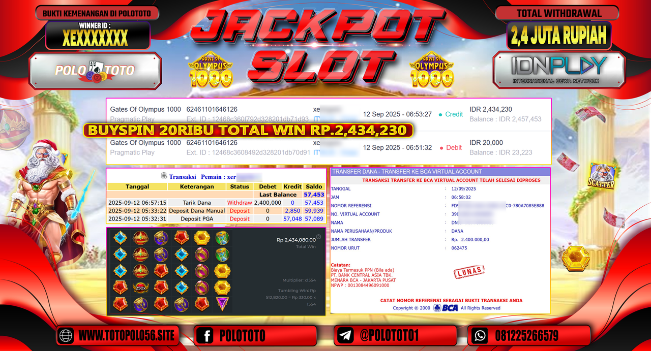 POLOTOTO JACKPOT SLOT GATES OF OLYMPUS 1000 Rp.2.400.000,-