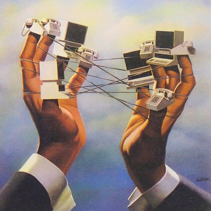 surreal art of two hands, with many computers on the fingers. the computers are being held together by wires.